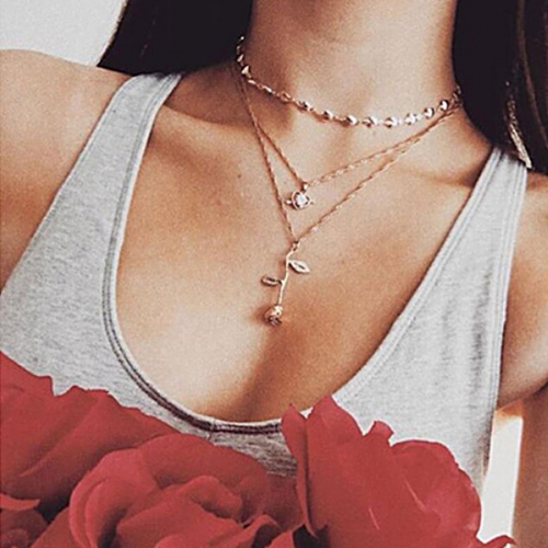 Boho Layered Rose Pendent Necklace Choker Gold Lover Necklaces Chain Jewelry for Women and Girls