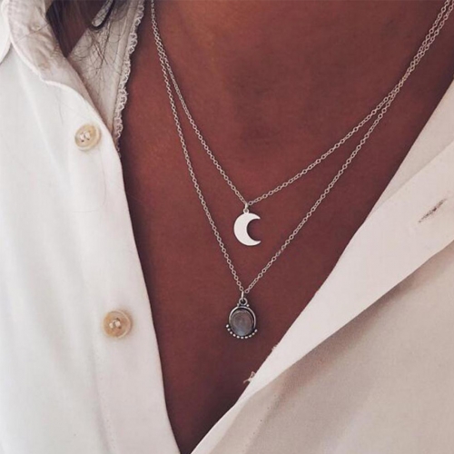 Layered Crystal Necklace Chain Silver  Moon Pendent Jewelry for Women and Girls