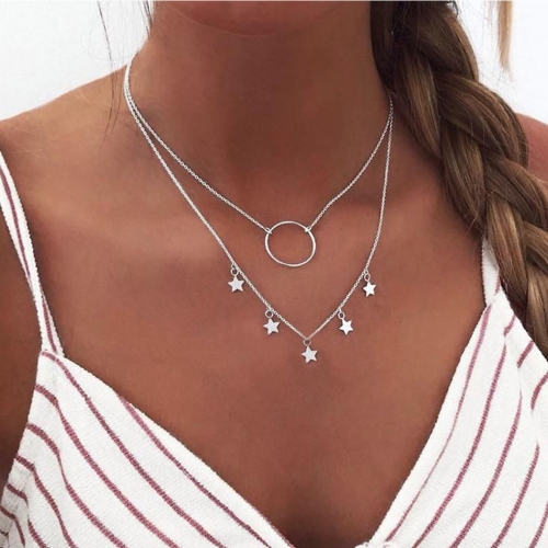 Boho Double Layered Necklace Silver Star Pendant Necklaces Chain Jewelry for Women and Girls