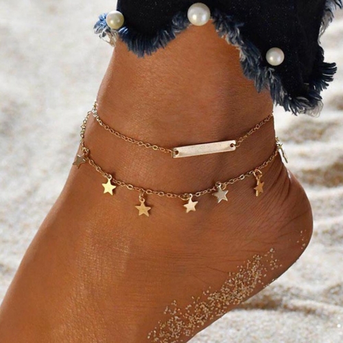 Zoestar Boho Layering Anklet Gold Bar Anklets Star Ankle Bracelet Tassel Ankle Chain Beach Foot Jewelry Chain for Women and Girls