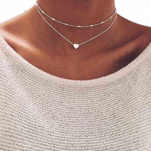 Boho Heart Layered Pendant Necklace Silver Short Beach Bead Choker Necklaces Chain Jewelry for Women and Girls