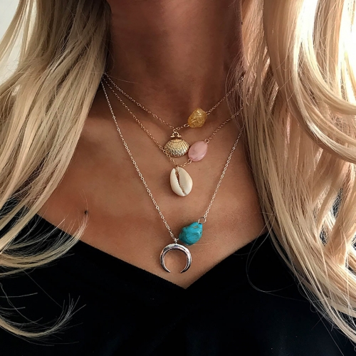 Boho Layered Necklace Gold Seashell and Moon Pendant Necklaces Turquoise Chains Jewelry for Women and Girls