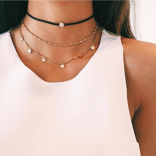 Boho Layered Sequine Necklace Chain Gold Crystal Strap Choker Necklaces Jewelry for Women and Girls