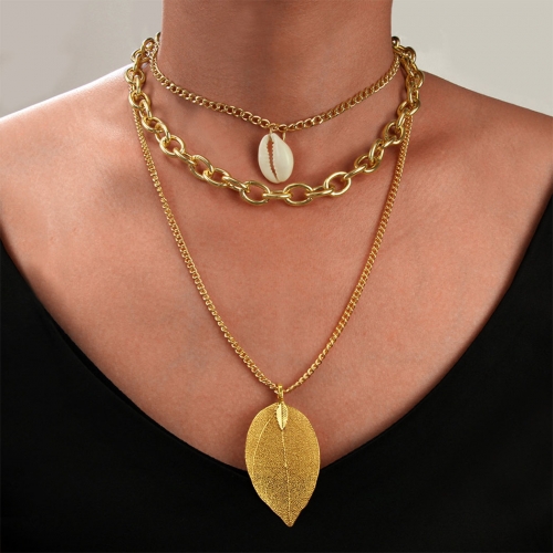 Boho Layered Necklace Gold Leaf Pendant Necklaces Seashell Choker Jewelry for Women and Girls