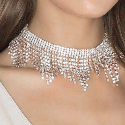 Party Crystal Choker Necklace Chain Silver Jewelry for Women and Girls