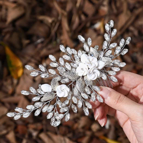 Unicra Flower Bride Wedding Hair Comb Silver Rhinestone Bridal Hair Pieces Leaf Headpieces Hair Accessories for Women and Girls