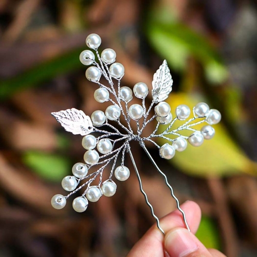 Unicra Pearl Bride Wedding Hair Pins Silver Rhinestones Bridal Hair Accessories Leaf Hair Pieces for Women and Girls (Pack of 2)