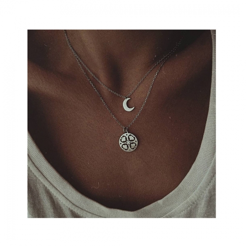 Boho Layered Pendant Necklace Coin Silver Beach Moon Chain Necklaces Hollow Out Jewelry for Women and Girls