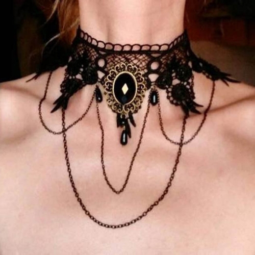 Edary Gothic Lace Choker Necklace Black Short Necklace Party Crystal Chain Necklaces Halloween Decorations Jewelry for Women and Girls
