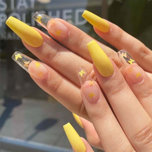 Brishow Coffin False Nails Long Fake Nails Yellow Butterfly Press on Nails Ballerina Acrylic Stick on Nails 24pcs for Women and Girls