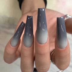 Brishow Coffin False Nails Long Fake Nails Ballerina Acrylic Press on Nails Gradient Full Cover Stick on Nails 24pcs for Women and Girls (Grey)