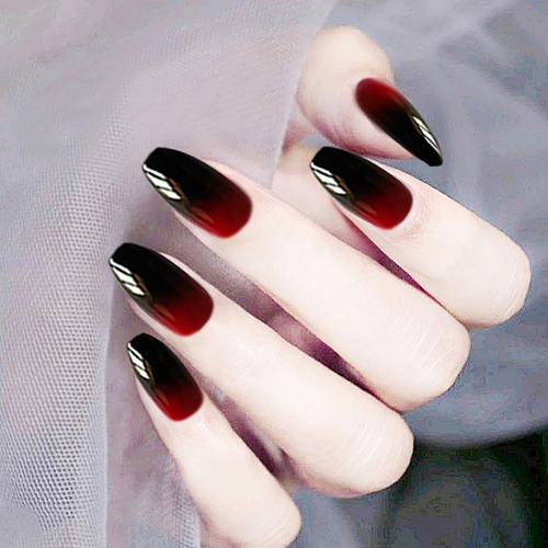 Brishow Coffin False Nails Long Fake Nails Gradient Ballerina Stick on Nails Full Cover Acrylic Press on Nails 24pcs for Women and Girls（Black&Red）