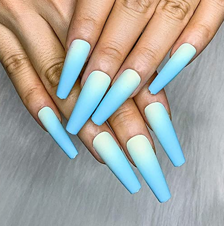 Brishow Coffin Long False Nails Blue Fake Nails Ballerina Acrylic Press on Nails Gradient Full Cover Stick on Nails 24pcs for Women and Girls
