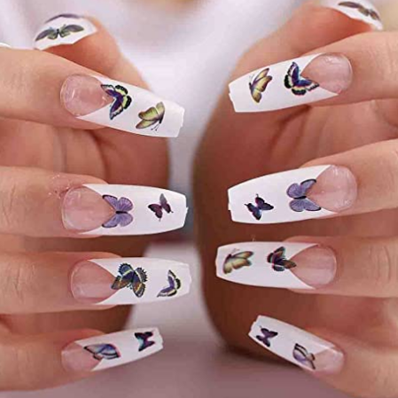 Brishow Coffin False Nails Long Fake Nails Butterfly Ballerina Acrylic Press on Nails Full Cover Stick on Nails 24pcs for Women and Girls