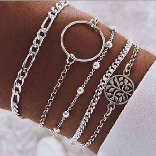 Edary Multilayer Circle Bracelets Silver Beaded Bracelets Chain Fantasy Hand Accessories for Women and Girls(5 pcs)