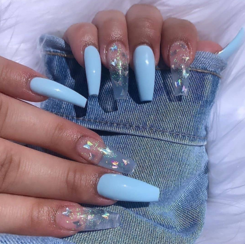 Brishow Coffin False Nails Blue Long Fake Nails Butterfly Ballerina Acrylic Press on Nails Full Cover Stick on Nails 24pcs for Women and Girls