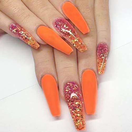 Brishow Coffin False Nails Long Fake Nails Glitter Ballerina Acrylic Press on Nails Full Cover Stick on Nails 20pcs for Women and Girls (Orange)