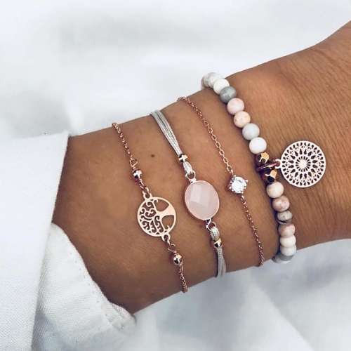 Edary Hollow Disc Bracelet Set Natural Stone Charm Beaded Hand Chain Gold Crystal Bracelets Life Tree Personalized Wristband Heart Handmade Jewelry fo