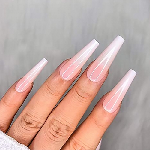 Brishow Coffin False Nails Long Fake Nails Nude Gradient Ballerina Acrylic Press on Nails Full Cover Stick on Nails 24pcs for Women and Girls