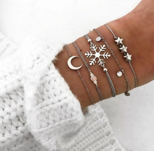 Edary Snowflake Bracelet Set Silver Tassel Sequins Bracelets Moon and Star Hand Accessories Opal Circle Hand Chain for Women and Girls(5Pcs)