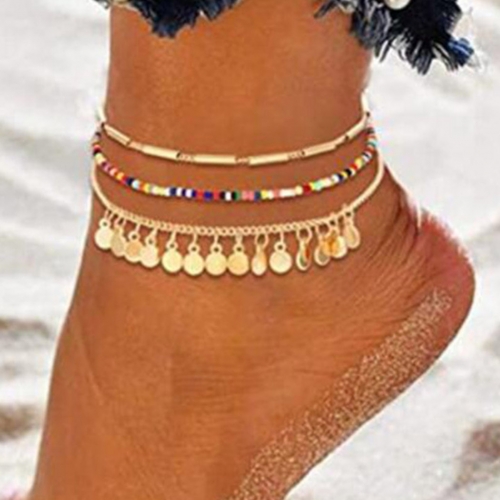 Zoestar Boho Multi-Layer Sequins Anklets Gold Tassel Ankle Bracelets Beach Beads Foot Chain Jewelry for Women and Girls