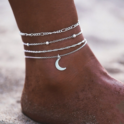 Zoestar Boho Summer Layered Anklet Silver Boho Beaded Moon Pendant Ankle Bracelet Beach Foot Chain Jewelry for Women and Girls