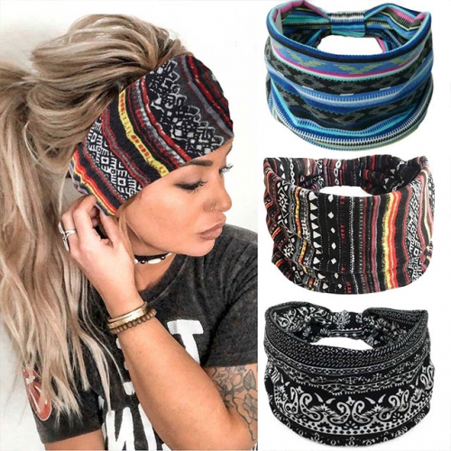 Gortin Boho Headbands Wide Hair Bands Yoga Sweatbands Stretchy Turban Headband Twist Head Wraps Elastic Head Bands for Women(Pack of 3)