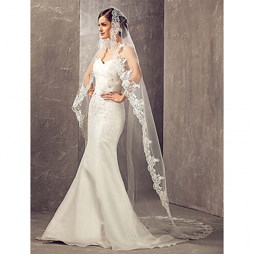 Unicra Wedding Bridal Veils Ivory Beautiful Long Veil with Lace and Metal Comb at the Edge Cathedral Length
