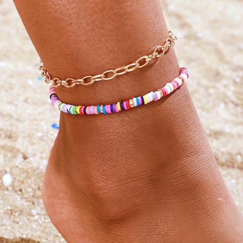 Zoestar Boho Double Anklets Colorful Beads Ankle Bracelets Gold Foot Chain for Women and Girls