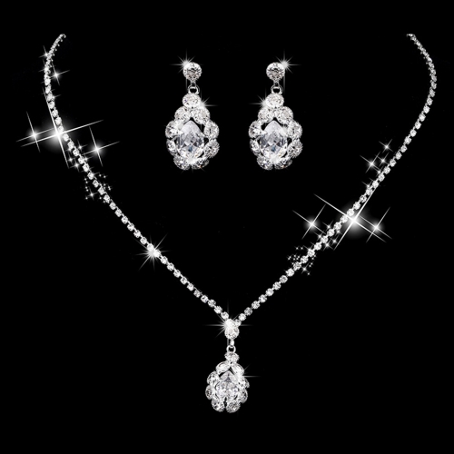 Unicra Bridal Jewelry Set Silver Rhinestone Wedding Bride Necklace Earrings Sets Crystal Bridesmaids Necklaces for Women and Girls