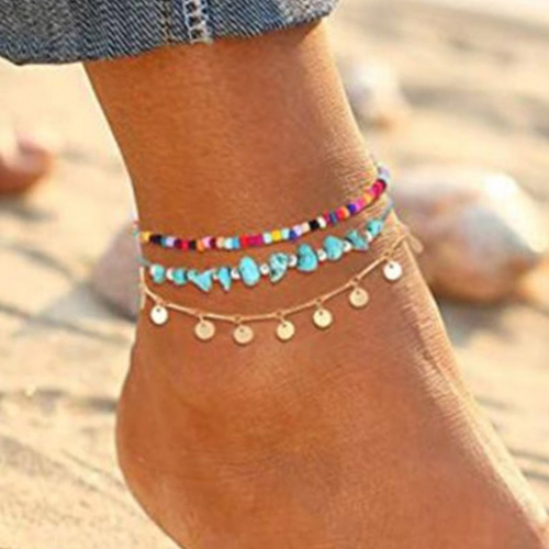Zoestar Boho Layered Turquoise Anklets Gold Sequins Tassel Ankle Bracelets Beach Beads Foot Chains for Women and Girls