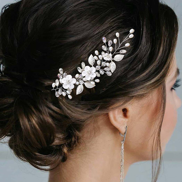 Unicra Flower Bride Wedding Hair Vines Silver Pearl Bridal Headband Rhinestone Headpieces Hair Accessories for Women and Girls