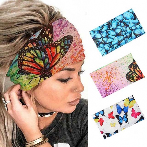 Gortin Boho Bandeau Wide Headbands Butterfly Bandana Yoga Head Wrap Floral Printed Hair Scarf Stylish Elastic Hair Band Spa Shower Hair Accessories fo