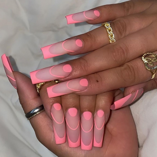 Brishow Coffin False Nails Long Fake Nails Pink Artificial Press on Nails Ballerina Acrylic Full Cover Stick on Nails 24pcs for Women and Girls