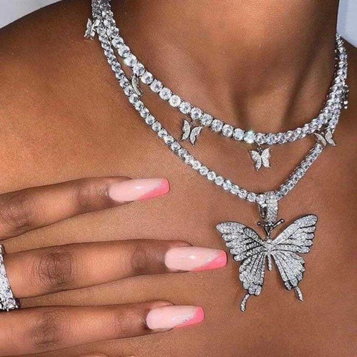 Edary Butterfly Choker Necklace Layered Rhinestone Pendant Necklaces Sparkly Butterfly Tennis Chain Jewelry for Women and Girls