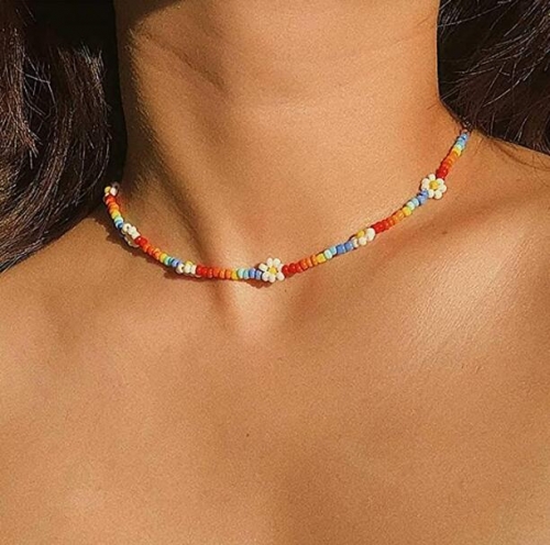 Edary Boho Beaded Choker Necklace Flower Necklaces Colorful Rainbow Accessory Jewelry for Women and Girls