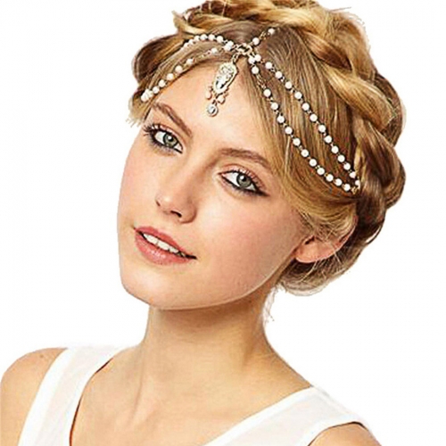 Unsutuo Boho Beads Head Chain Gold Layered Headpiece Rhinestone Pendant Forehead Headband  Festival Crystal Hair Accessories Jewelry for Women and Gir