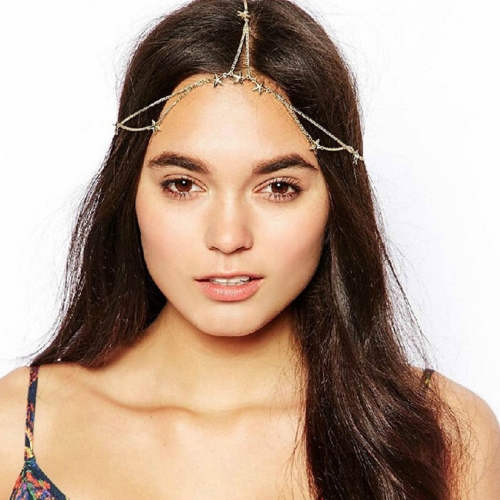 Unsutuo Boho Star Head Chain Gold Layered Forehead Headpiece Festival Headband Wedding Bride Hair Accessories Jewelry  for Women and Girls
