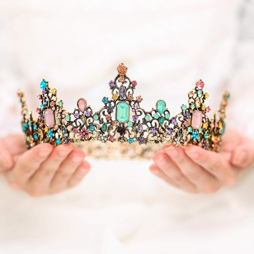 Unicra Baroque Wedding Round Crown and Tiara Queen Rhinestones Headband for Women and Girls