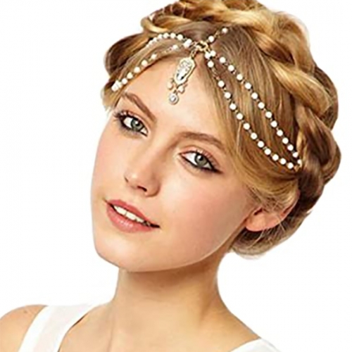 Indian Chain Hair Jewelry Boho Festival Egyptian Head Chain Pendant Headpiece Beads Gold bridal Hairstyle Pearls Christmas for Women and Girls