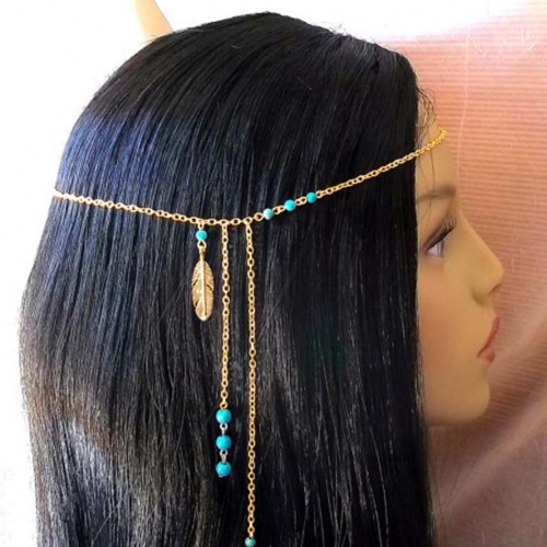 Unsutuo Boho Head Chain Jewelry Turquoise Headband Feather Tassel Headpiece Festival Hair Accessories for Women and Girls