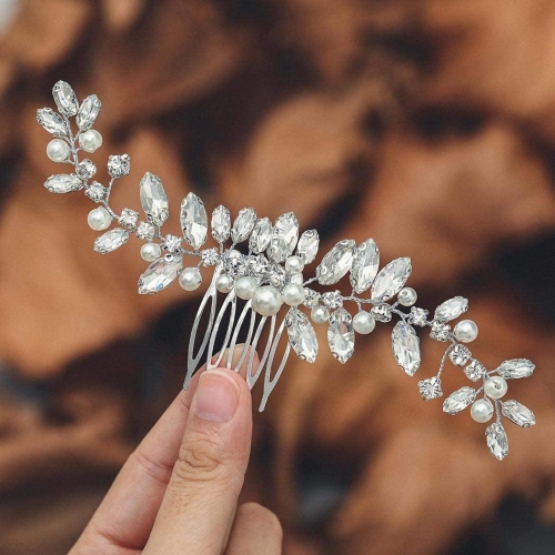 Unicra Crystal Bride Weding Hair Comb Silver Pearl Bridal Hair Pieces Rhinestone Hair Clip Hair Accessories for Women and Girls