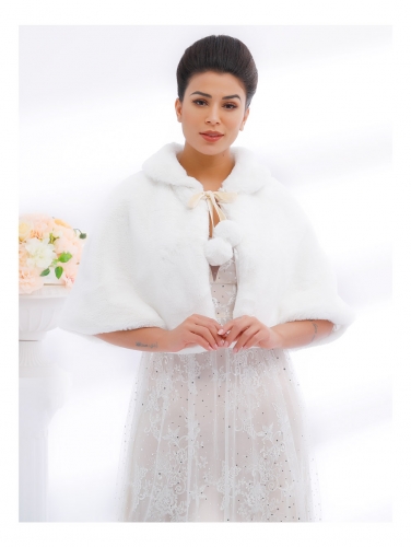Aukmla Women's Faux Fur Capes with Ball Wedding Shrugs and Wraps Bridal Faux Fur Shawls Stoles for Brides
