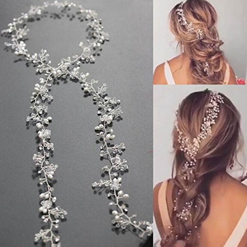 Unicra Rhinestone Bride Wedding Hair Vine Long Crystal Bridal Headpieces Pearl Headband Hair  Accessories for Women and Girls