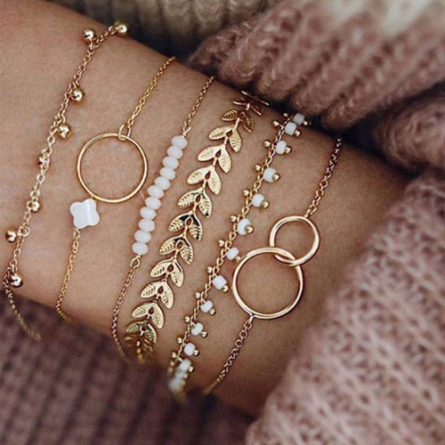 Edary Boho Layered Circle Bracelets Set Gold Beaded Bracelet Leaf Hand Chain Jewelry Accessories for Women and Girls(6 Pcs)