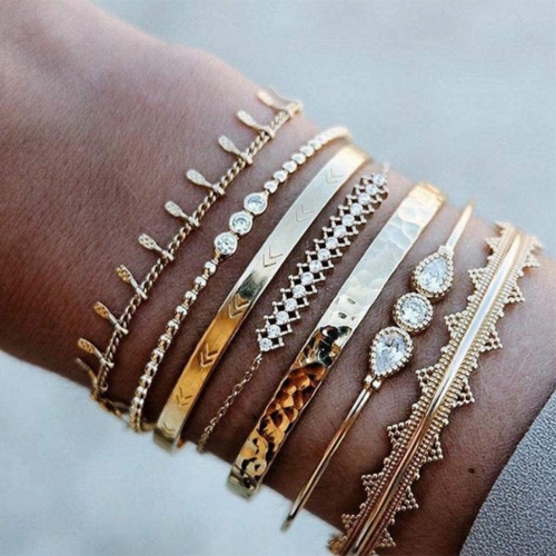 Edary Boho Layered Crystal Bracelets Set Gold Tassel Bangles Rhinestone Hand Chain Jewelry Accessories for Women and Girls(7 Pcs)