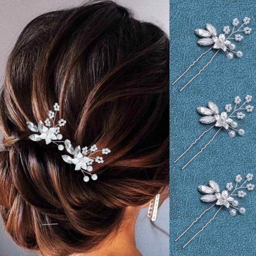 Unicra Crystal Bride Wedding Hair Pins Silver Flower Bridal Head Piece Pearl Hair Accessories for Women and Girls (Pack of 3)