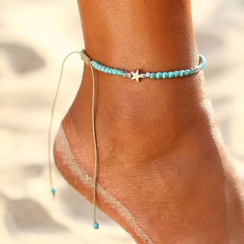 Zoestar Boho Turquoise Anklets Weave Blue Star Ankle Bracelets Beach Adjustable Foot Jewelry for Women and Girls