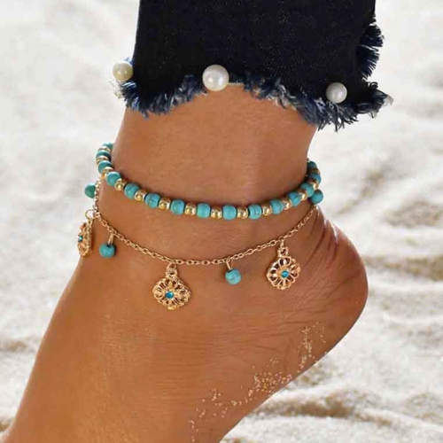 Zoestar Boho Layered Turquoise Anklet Gold Flower Crystal Ankle Bracelets Summer Beach Beaded Foot Chain Jewelry for Women and Girls (2 PCS)
