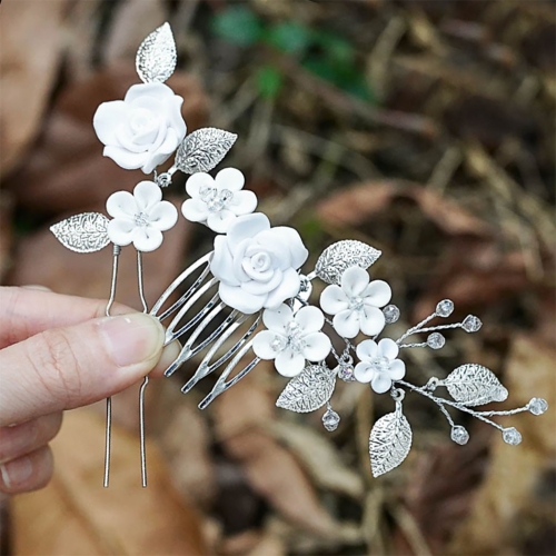 Unicra Flower Bride Wedding Hair Comb Silver Leaf Bridal Hair Pieces Wedding Hair Pins Rhinestone Hair Accessories for Women and Girls